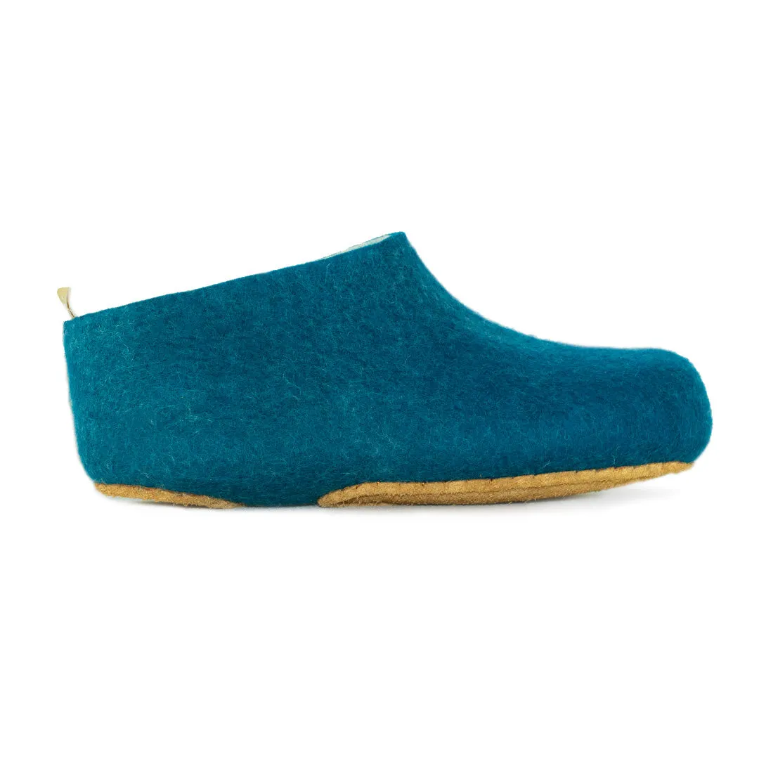 100% wool Felt Slippers with a natural undyed wool interior layer and teal exterior colour