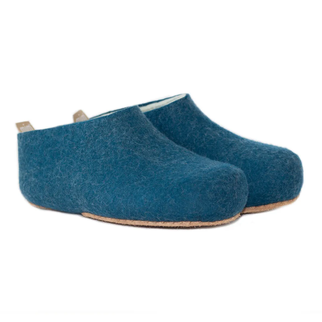 100% wool Felt Slippers with a natural undyed wool interior layer and teal exterior colour