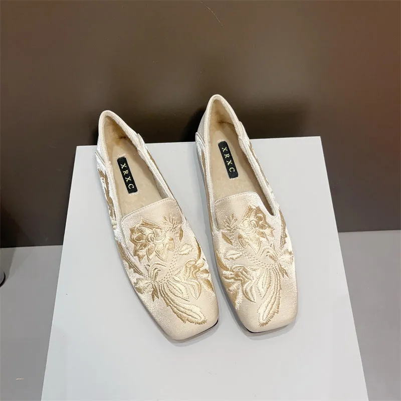 2024 New Chinese Style Square-Toe Flats – Soft Sole Embroidered Qipao Shoes with Fleece Lining