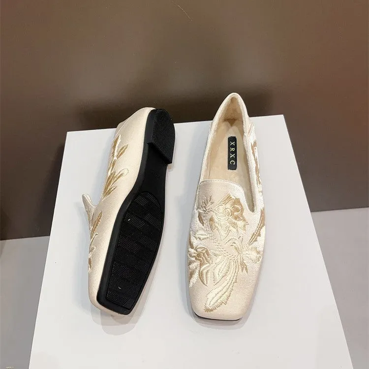 2024 New Chinese Style Square-Toe Flats – Soft Sole Embroidered Qipao Shoes with Fleece Lining