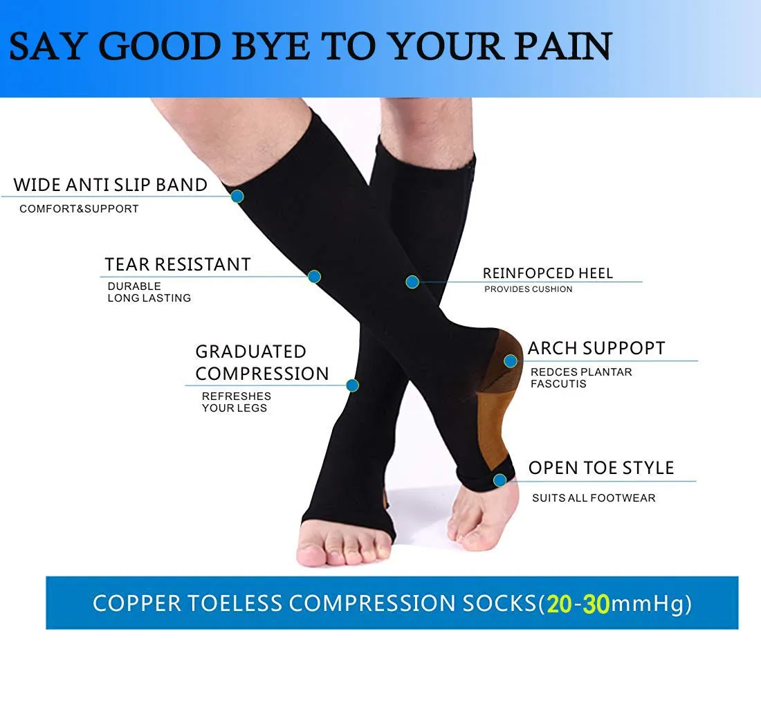 3-Pairs Copper Open-Toe Toeless Compression Socks (20-30mmHG) | Actinput