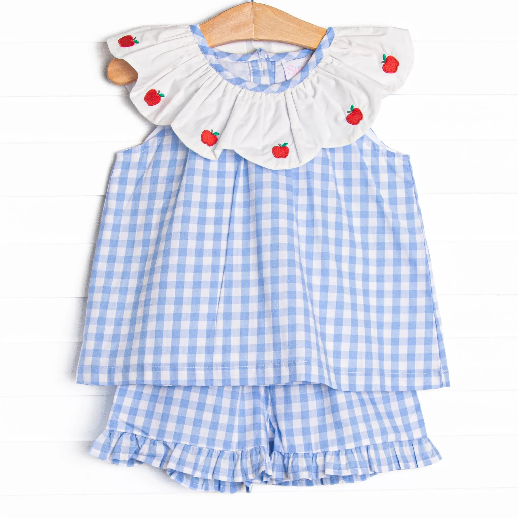 Addison Apple Embroidered Ruffle Short Set, Blue
