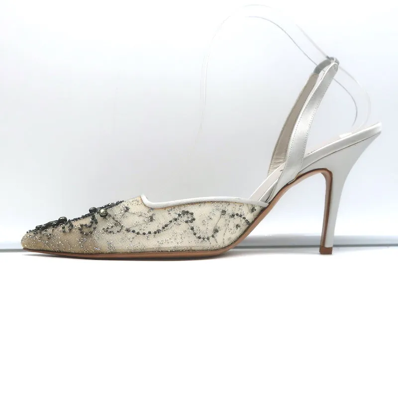 Badgley Mischka Embellished Mesh Slingback Pumps Light Gray Satin Size 38.5 NEW