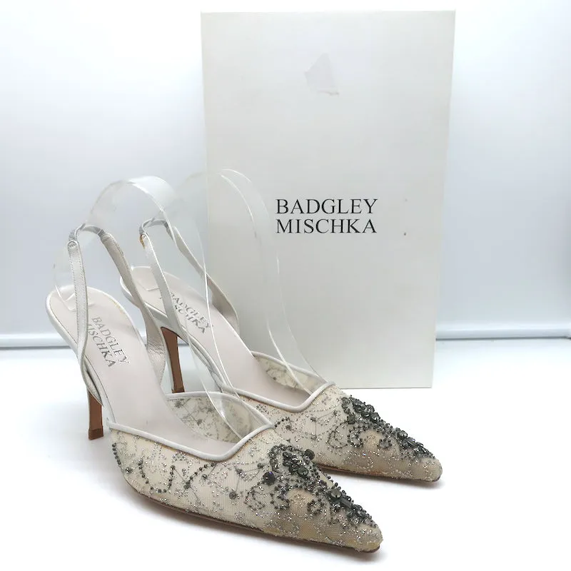 Badgley Mischka Embellished Mesh Slingback Pumps Light Gray Satin Size 38.5 NEW