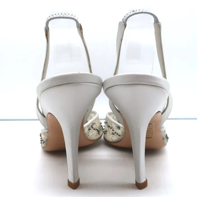 Badgley Mischka Embellished Mesh Slingback Pumps Light Gray Satin Size 38.5 NEW