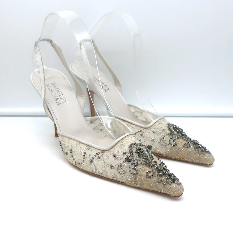 Badgley Mischka Embellished Mesh Slingback Pumps Light Gray Satin Size 38.5 NEW