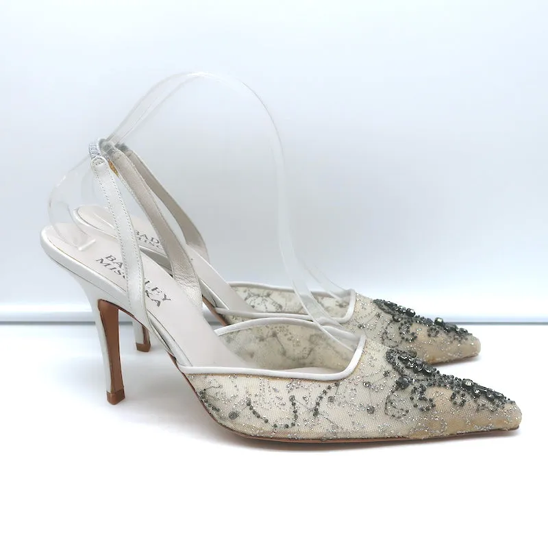 Badgley Mischka Embellished Mesh Slingback Pumps Light Gray Satin Size 38.5 NEW