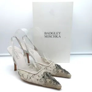 Badgley Mischka Embellished Mesh Slingback Pumps Light Gray Satin Size 38.5 NEW