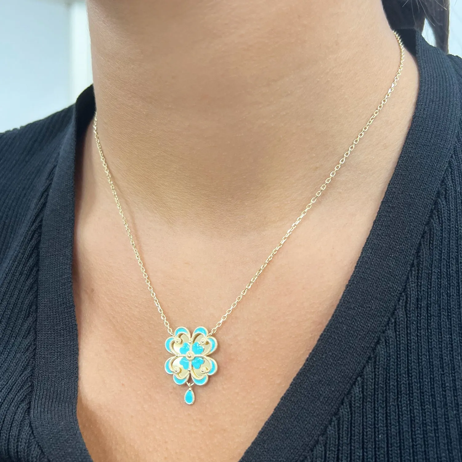 Blue Enamel Gold Single Clover Necklace