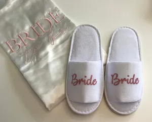 Bride Slippers - Rose Gold Glitter Script, Style C