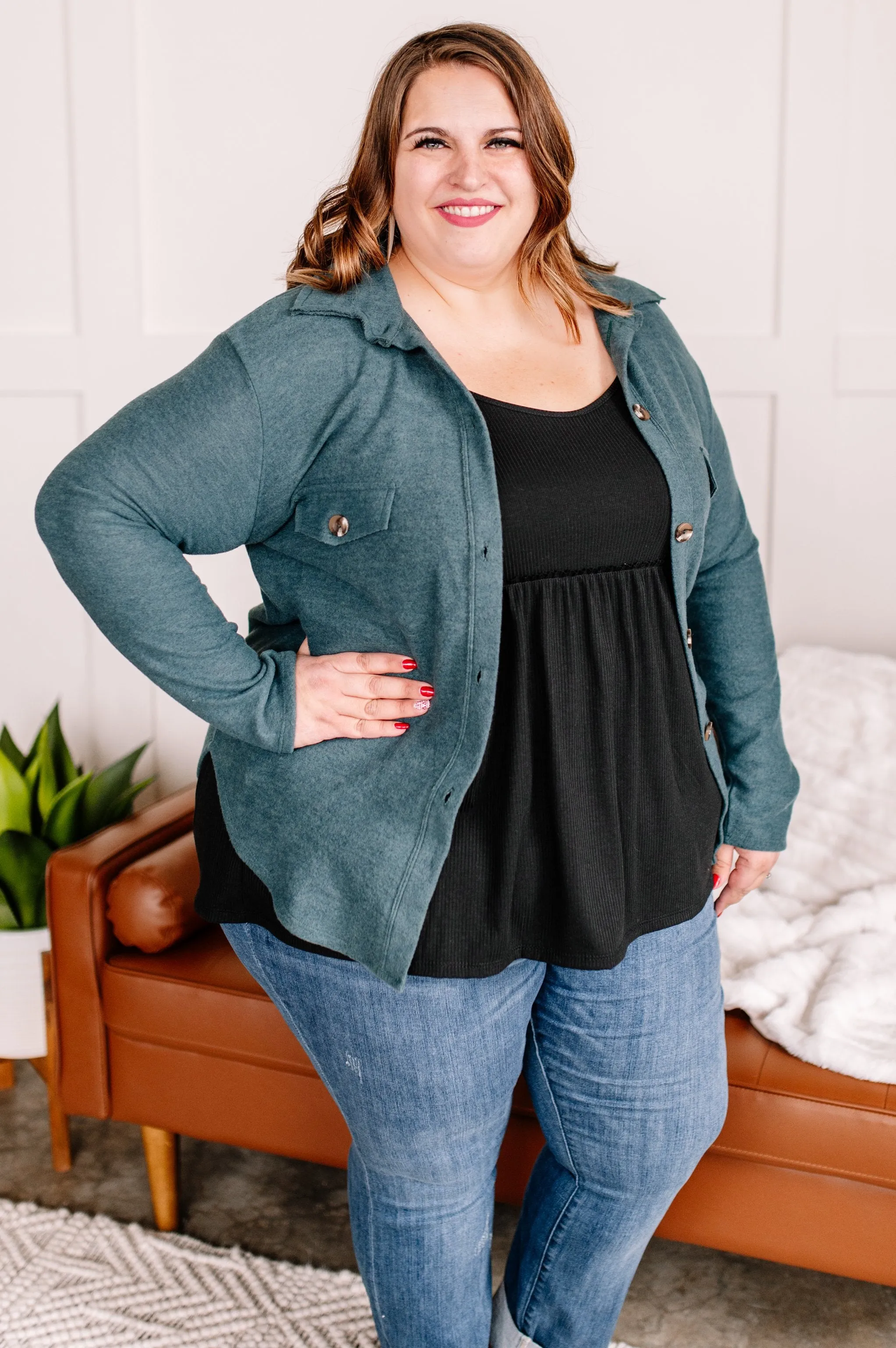 Brush Your Cares Away Button Up Top In Hunter Green