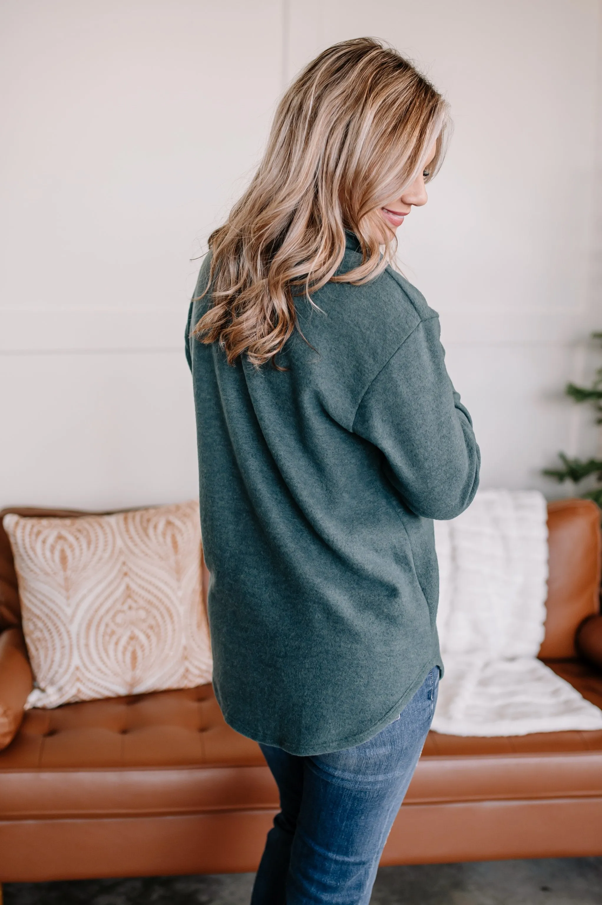 Brush Your Cares Away Button Up Top In Hunter Green