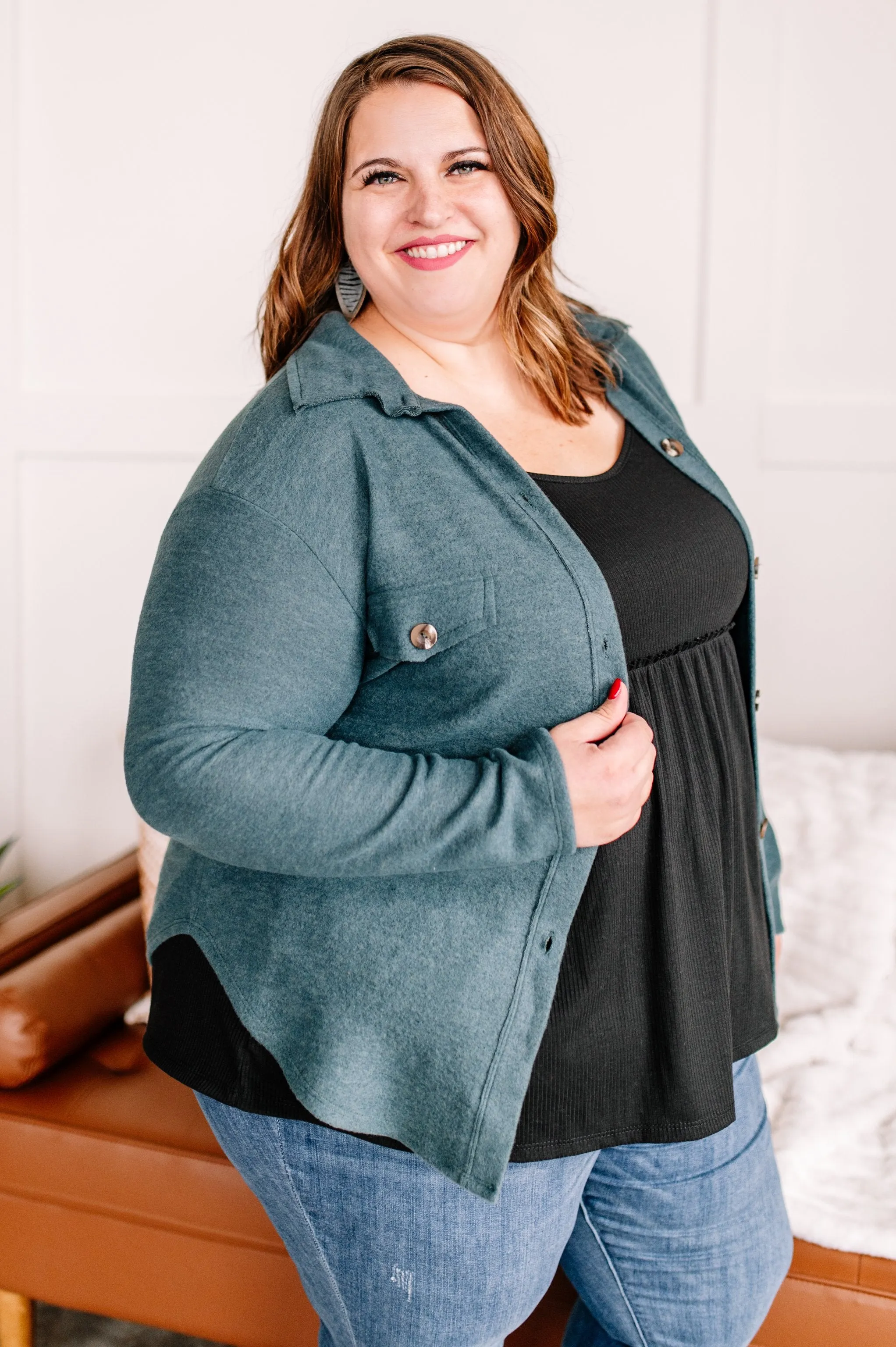 Brush Your Cares Away Button Up Top In Hunter Green