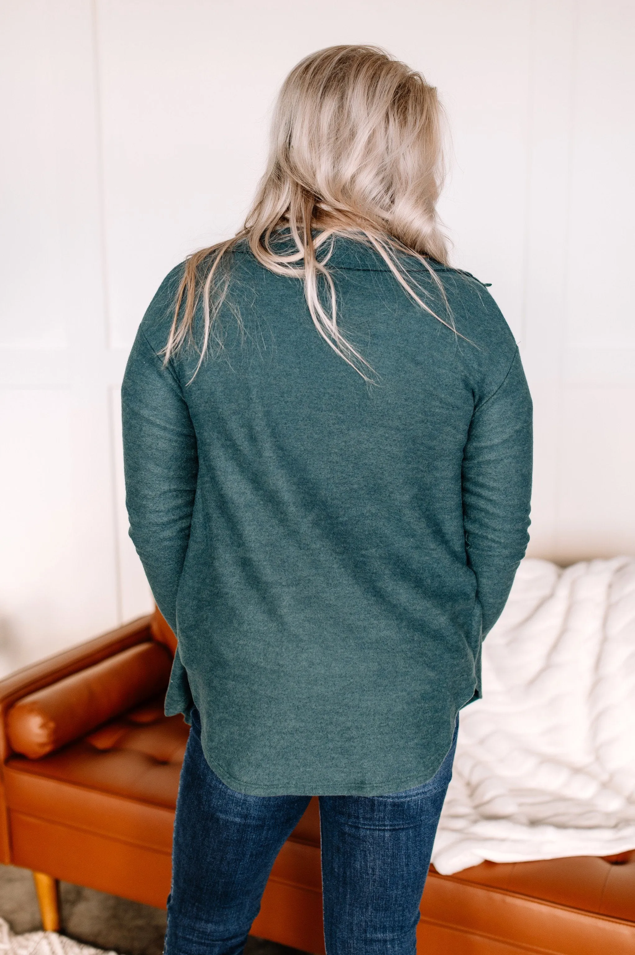 Brush Your Cares Away Button Up Top In Hunter Green