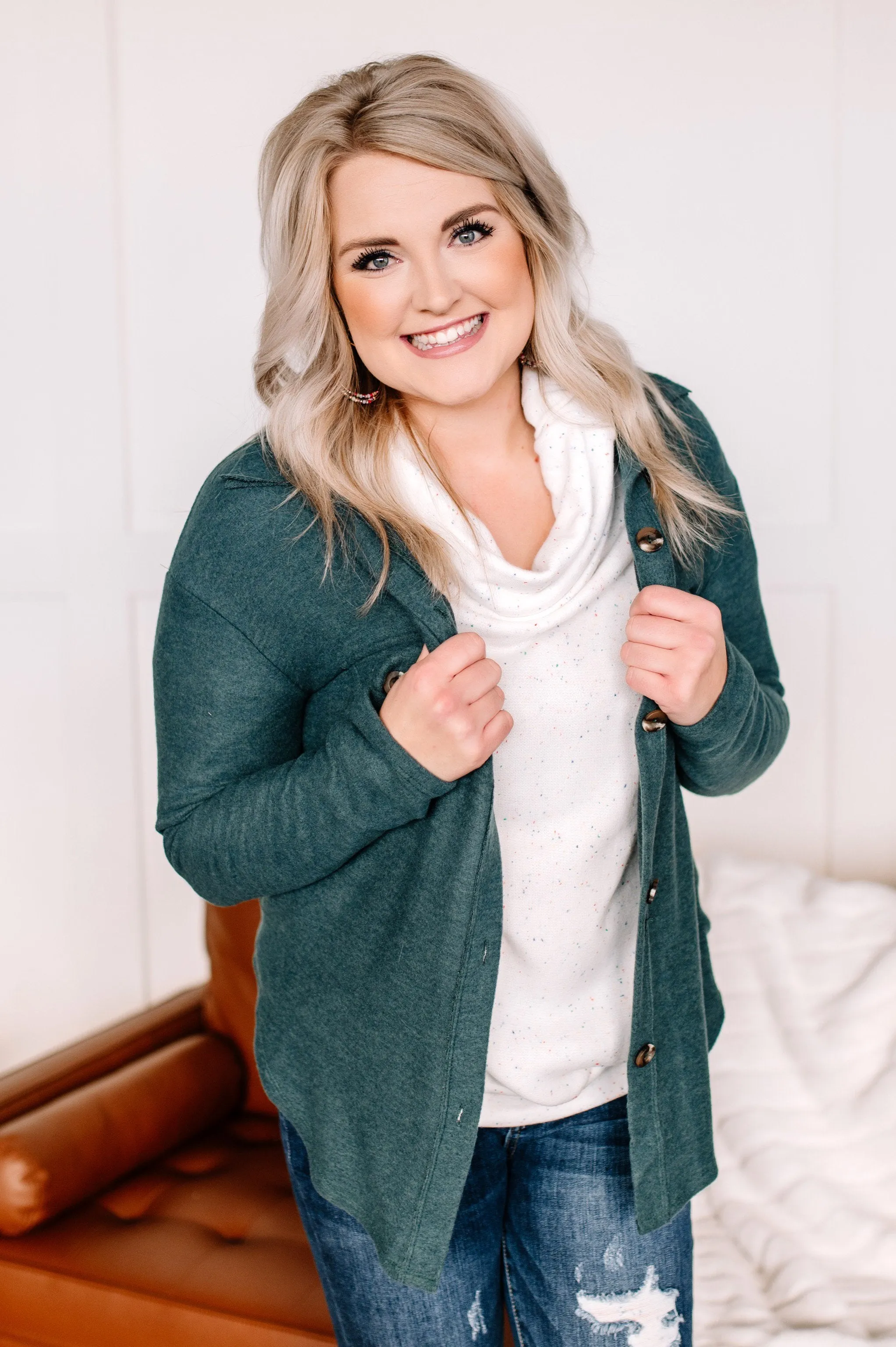 Brush Your Cares Away Button Up Top In Hunter Green