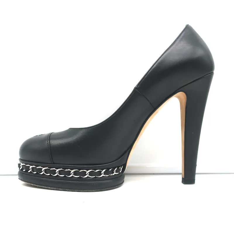 Chanel 15C CC Cap Toe Chain-Trim Pumps Black Leather Size 38 Platform Heels