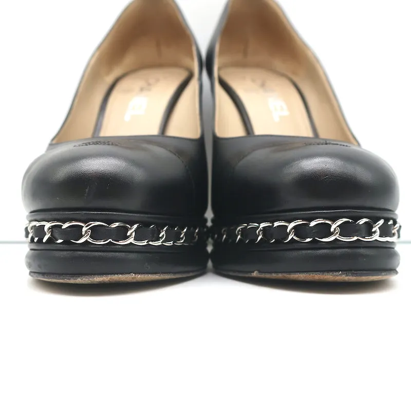 Chanel 15C CC Cap Toe Chain-Trim Pumps Black Leather Size 38 Platform Heels