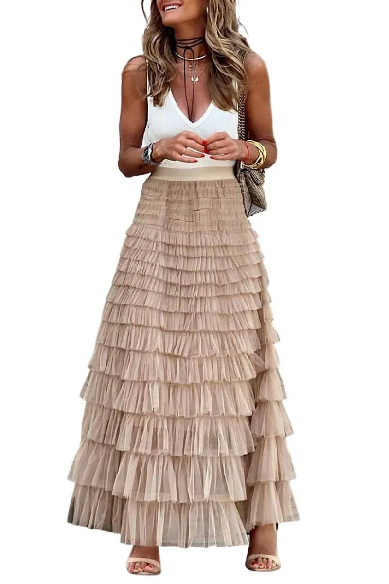 Chouyatou Women's Ruffled Tiered Tutu Tulle Skirt Stretchy A-line Prom Party Long Skirt
