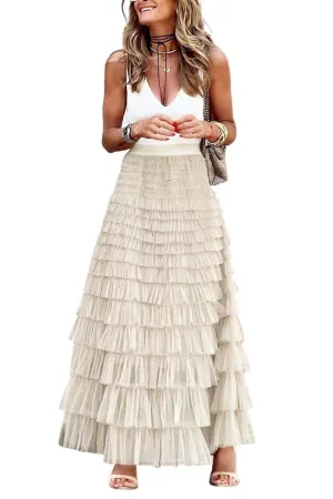 Chouyatou Women's Ruffled Tiered Tutu Tulle Skirt Stretchy A-line Prom Party Long Skirt