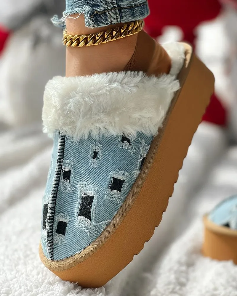 Colorblock Fuzzy Lined Platform Ripped Slippers