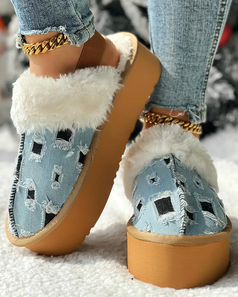 Colorblock Fuzzy Lined Platform Ripped Slippers