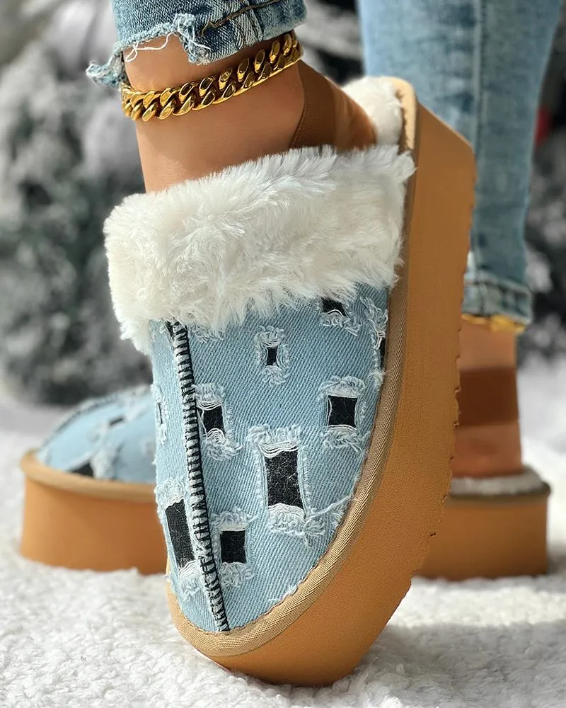 Colorblock Fuzzy Lined Platform Ripped Slippers