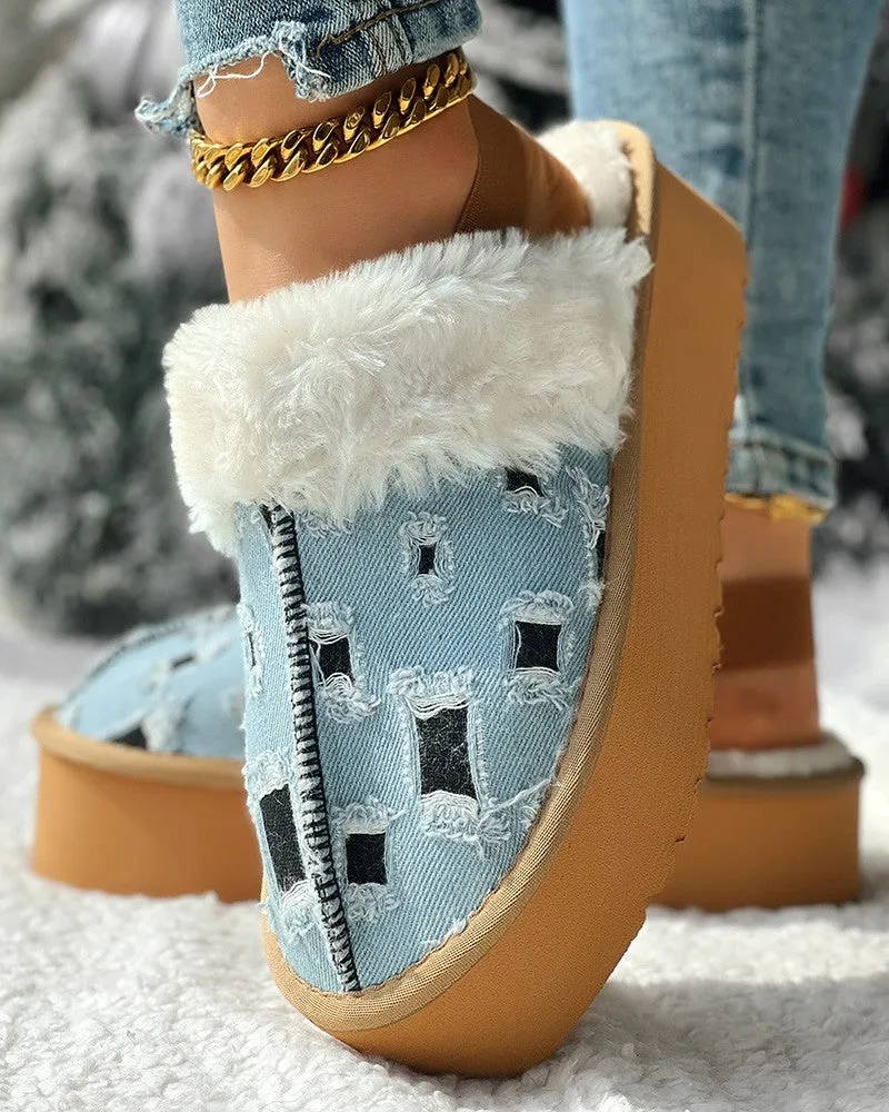 Colorblock Fuzzy Lined Platform Ripped Slippers