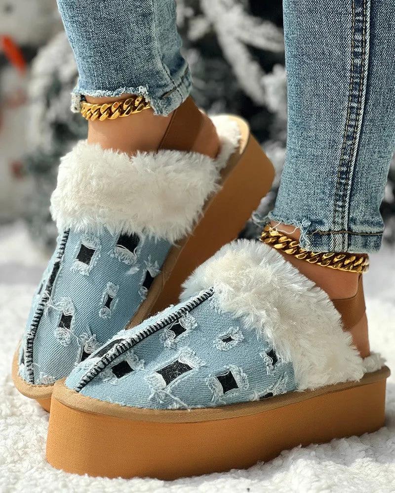 Colorblock Fuzzy Lined Platform Ripped Slippers
