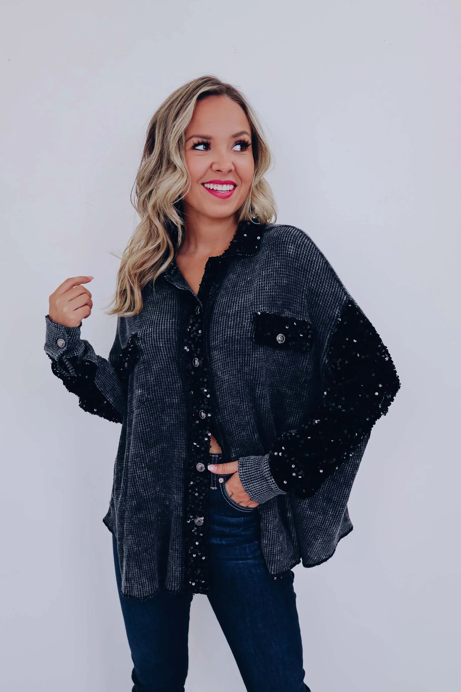 Elsie Contrasting Sequin Shacket - Black