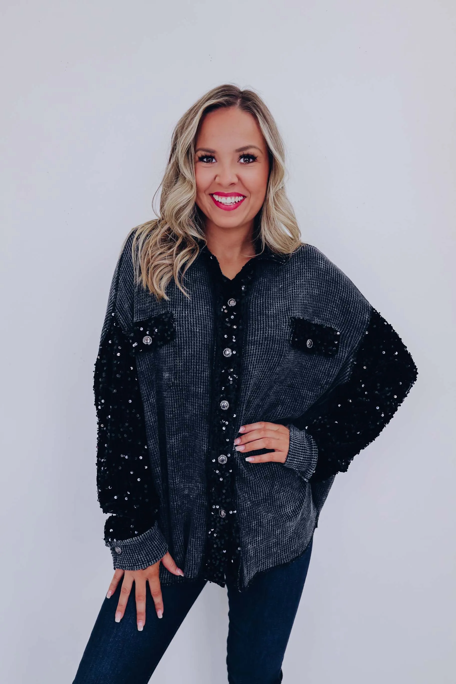 Elsie Contrasting Sequin Shacket - Black
