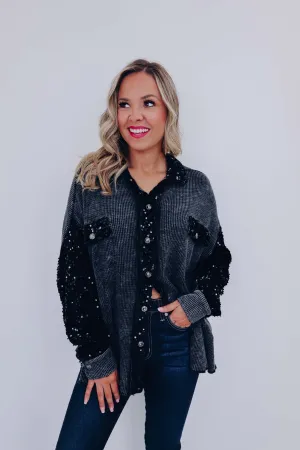 Elsie Contrasting Sequin Shacket - Black