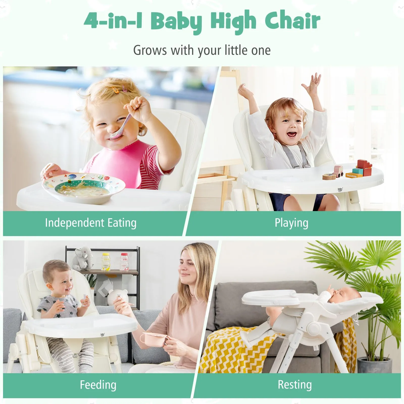 Folding | Reclining | Adjustable Baby High Chair | 5 Recline Positions | Winter White