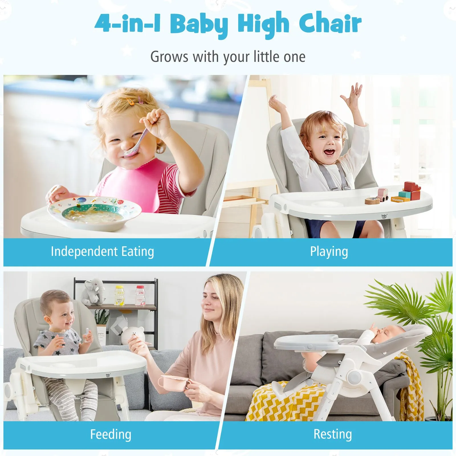 Folding | Reclining | Adjustable Baby High Chair | 5 Recline Positions | Winter White