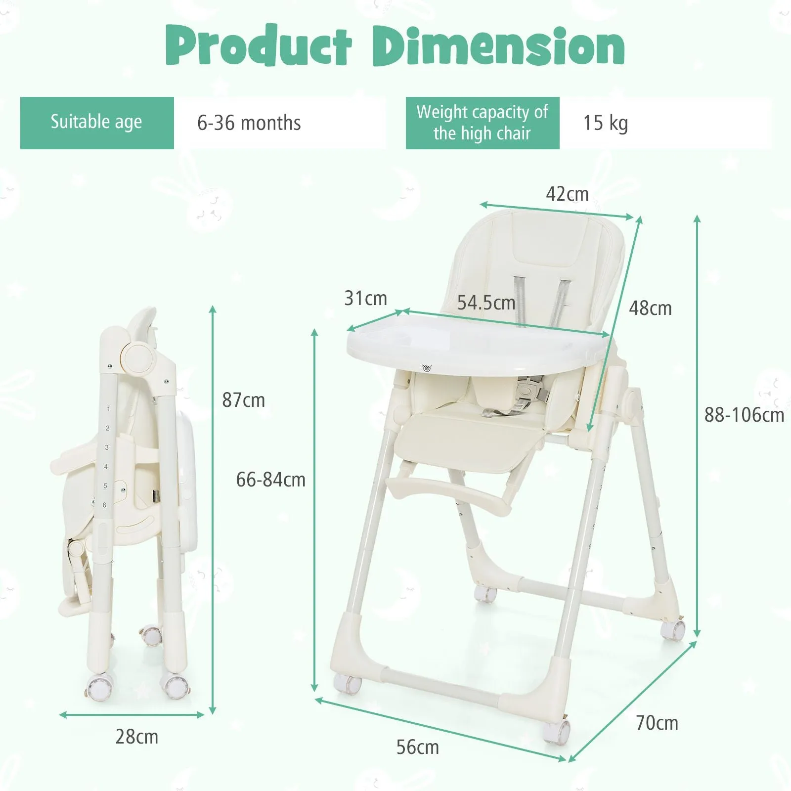 Folding | Reclining | Adjustable Baby High Chair | 5 Recline Positions | Winter White