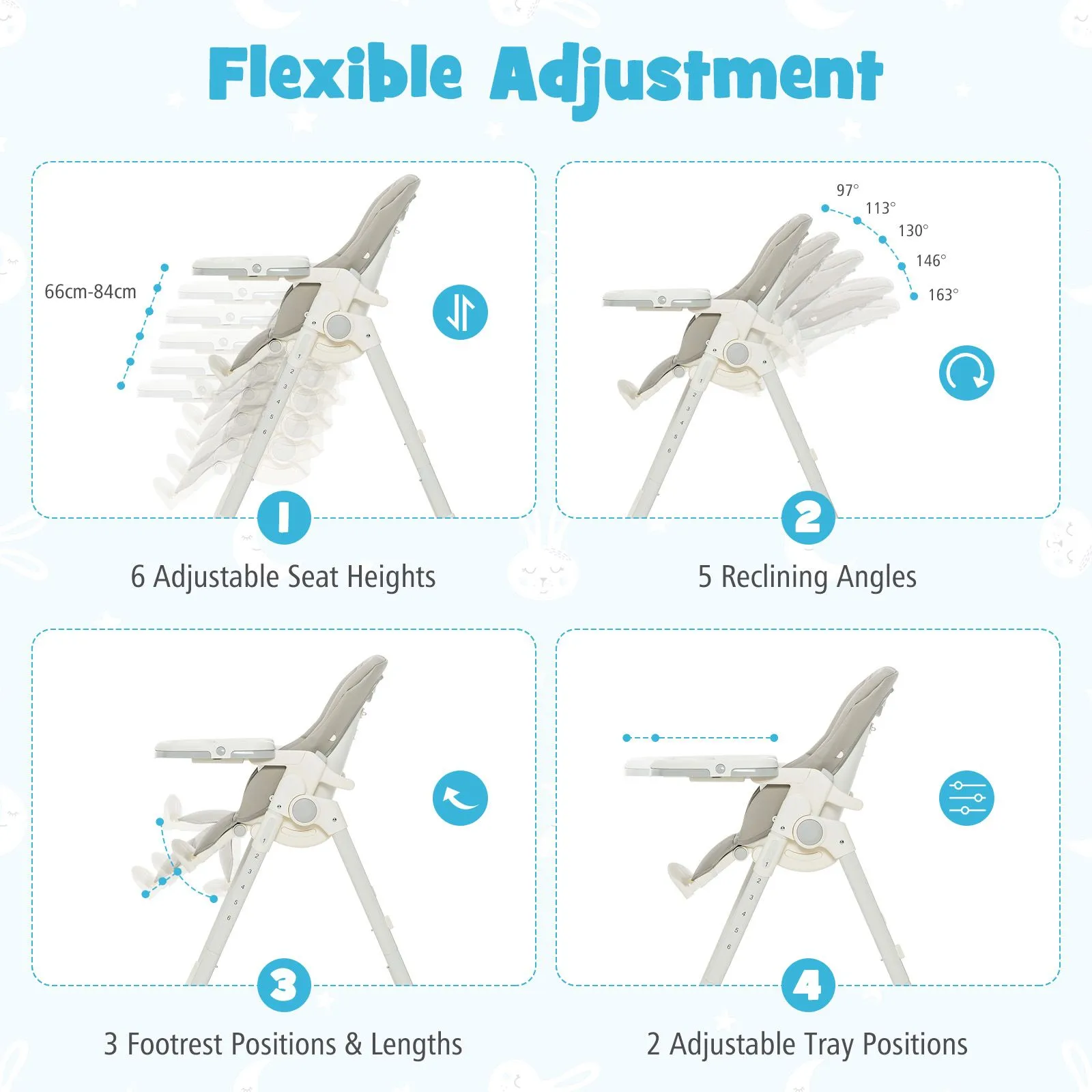 Folding | Reclining | Adjustable Baby High Chair | 5 Recline Positions | Winter White