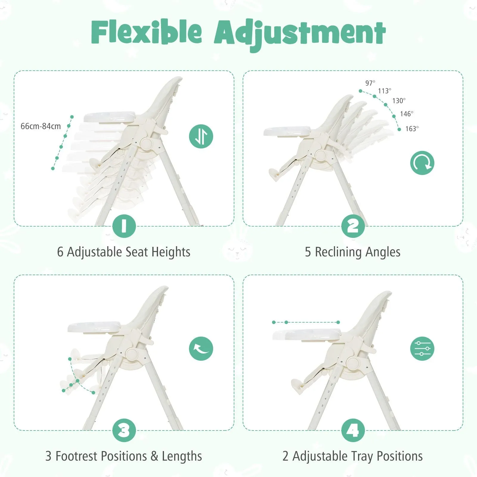Folding | Reclining | Adjustable Baby High Chair | 5 Recline Positions | Winter White