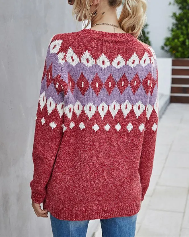 Geometric Knit Sweater - Red