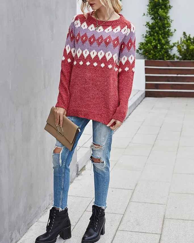 Geometric Knit Sweater - Red