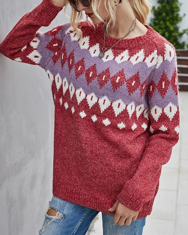 Geometric Knit Sweater - Red