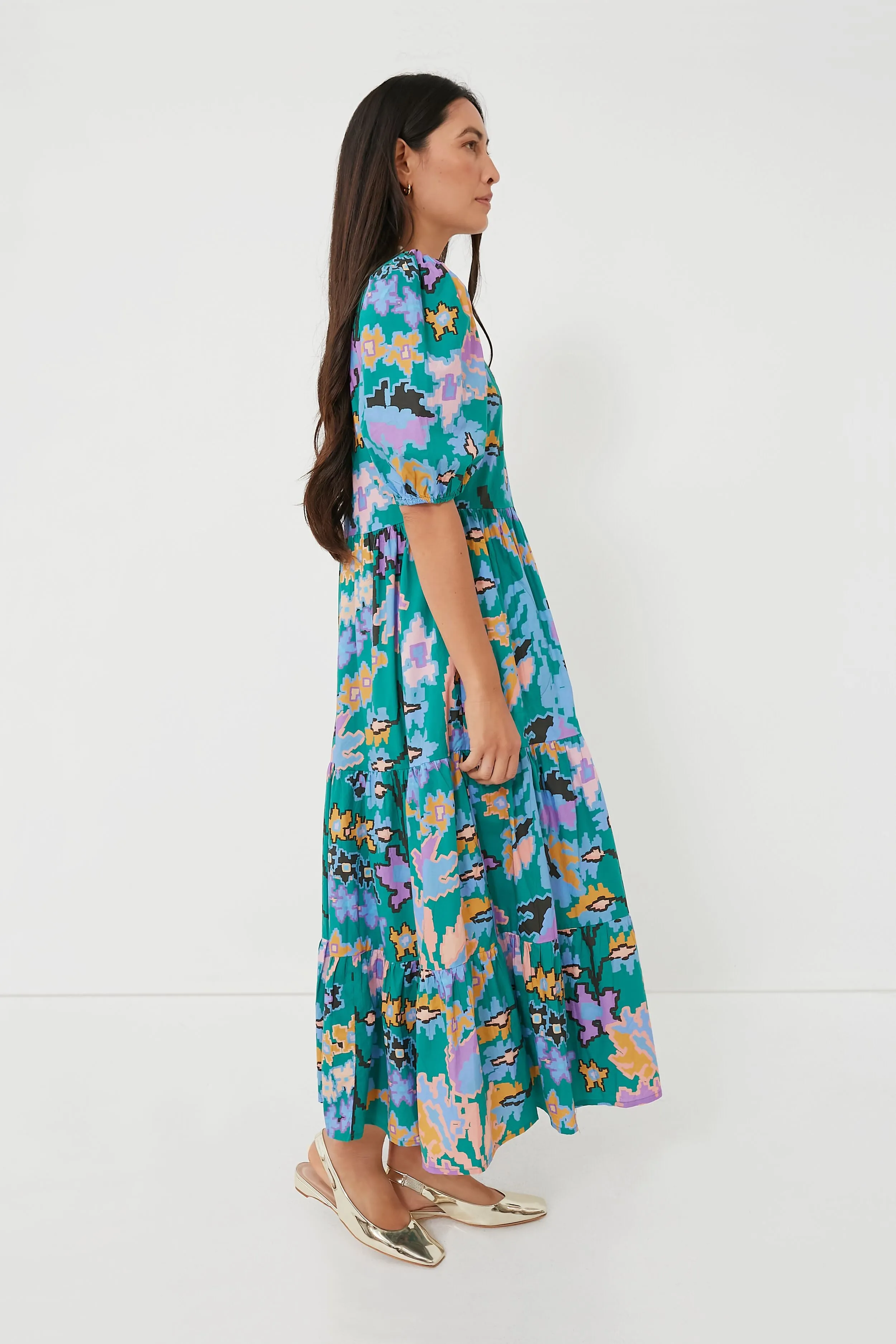 Green Bukhara Puff Sleeve Maxi Dress