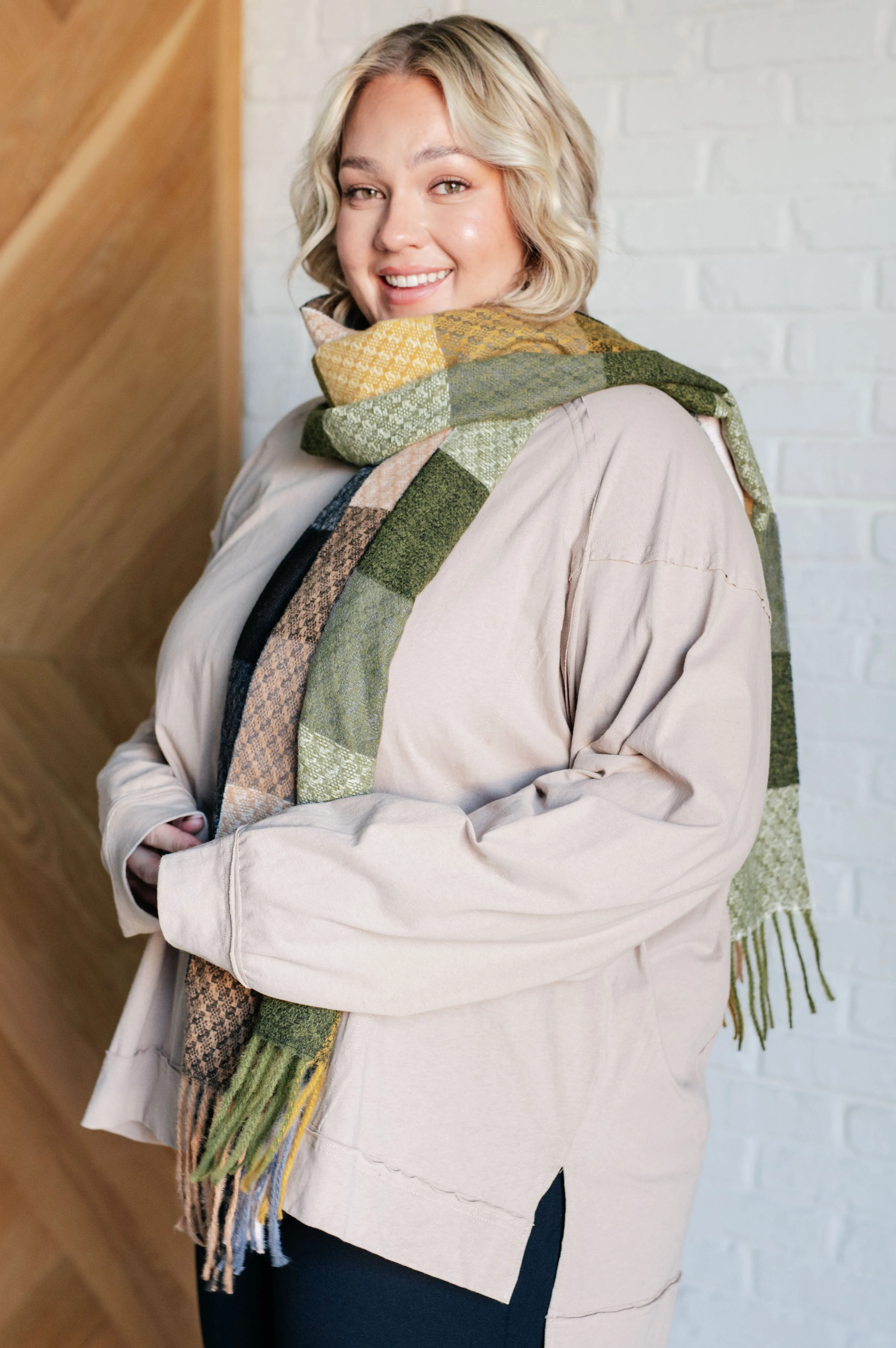 Hazel Blues® |  Keep Me Cozy Checkered Fringe Scarf in Woodland Shades