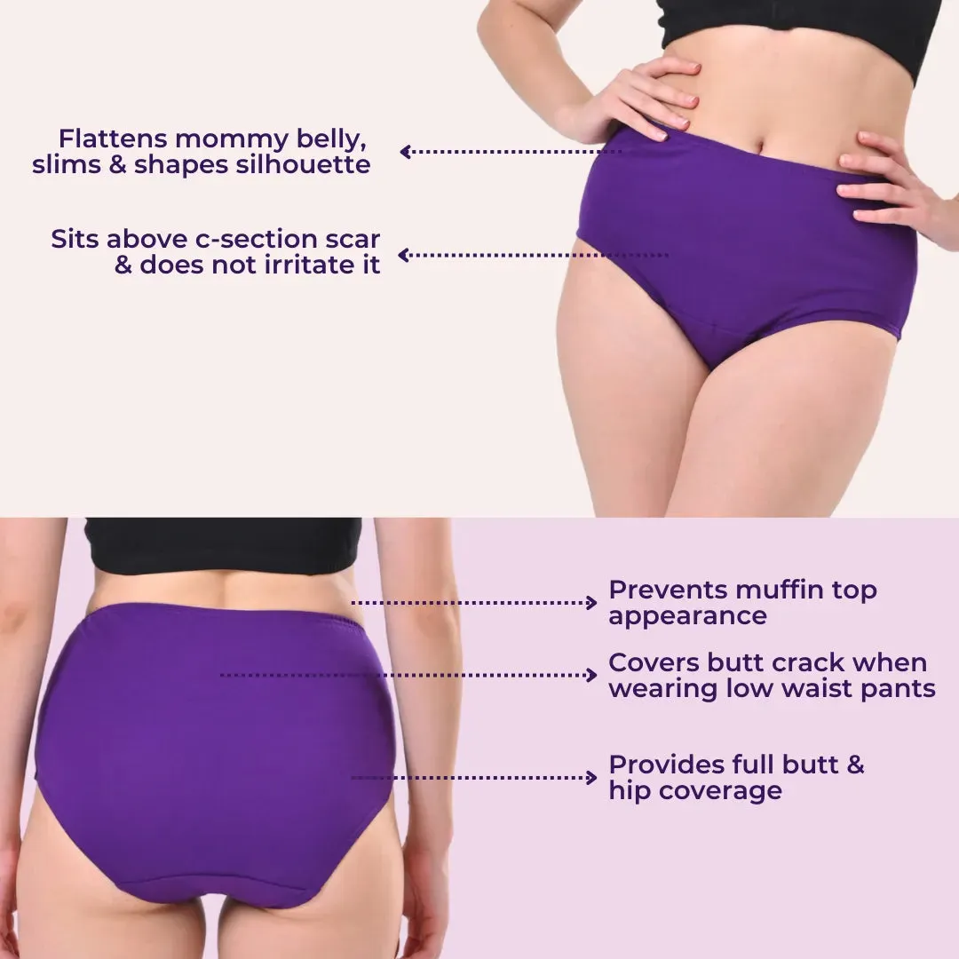 High Waisted Panties | Brief Cut | Full Butt & Hip Coverage | Flattens Belly, Slims & Shapes Silhouette | Soft Elastic At Waist, Leg Openings & Thigh Round | Friction Free & Rash Free | Pack Of 3
