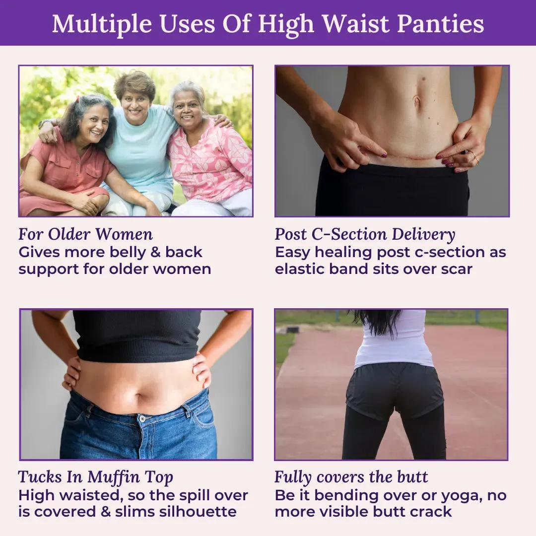 High Waisted Panties | Brief Cut | Full Butt & Hip Coverage | Flattens Belly, Slims & Shapes Silhouette | Soft Elastic At Waist, Leg Openings & Thigh Round | Friction Free & Rash Free | Pack Of 3