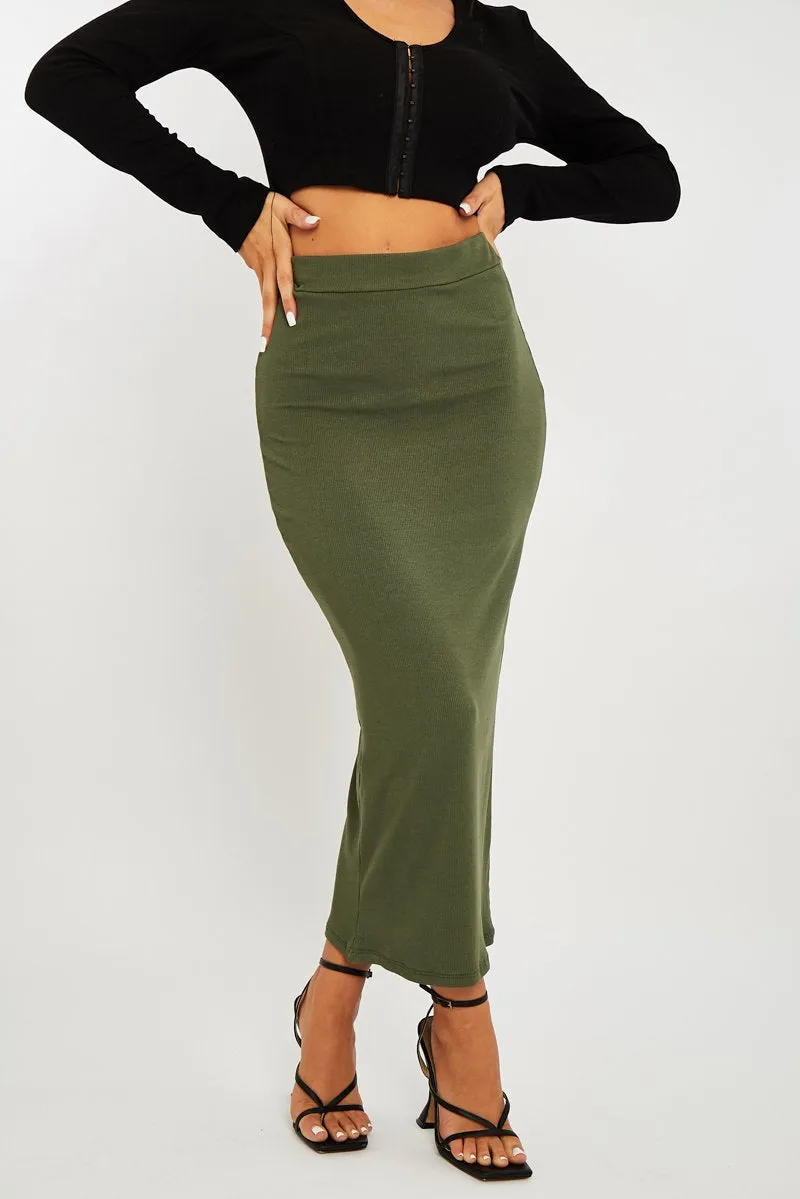 Khaki Ribbed Midi Skirt - Dixie
