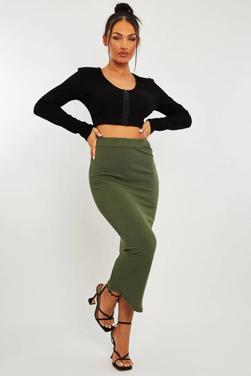 Khaki Ribbed Midi Skirt - Dixie