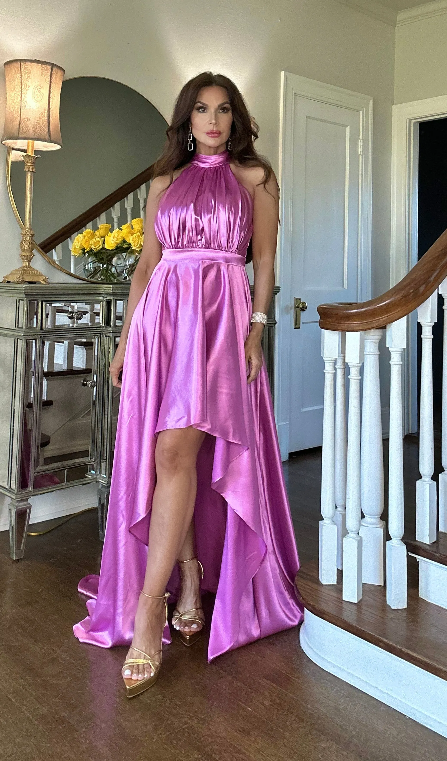 Lara orchid high low satin halter dress