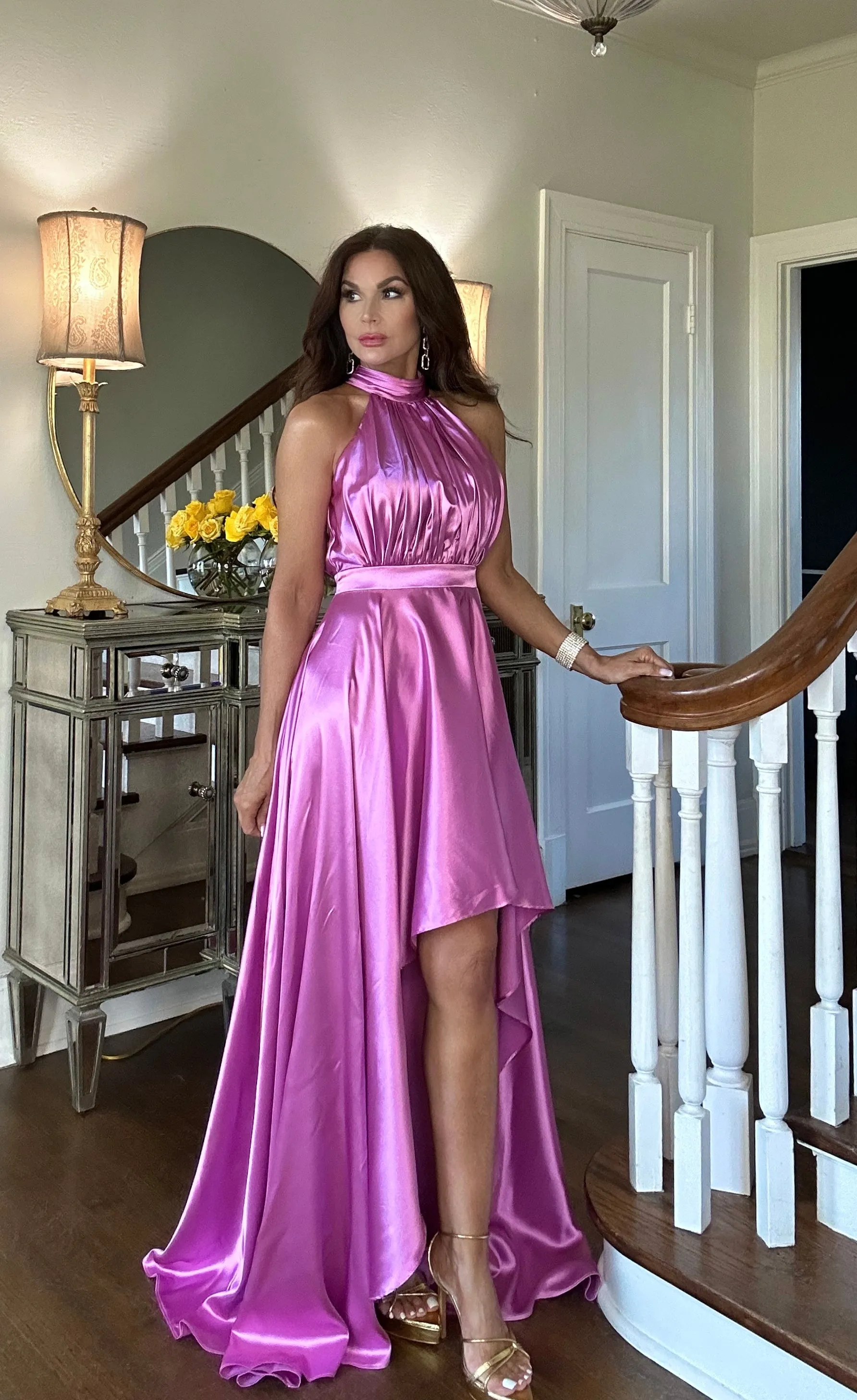Lara orchid high low satin halter dress