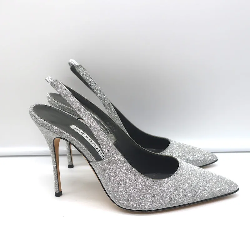 Manolo Blahnik Allura Glitter Slingback Pumps Silver Size 38.5 Pointed Toe Heels