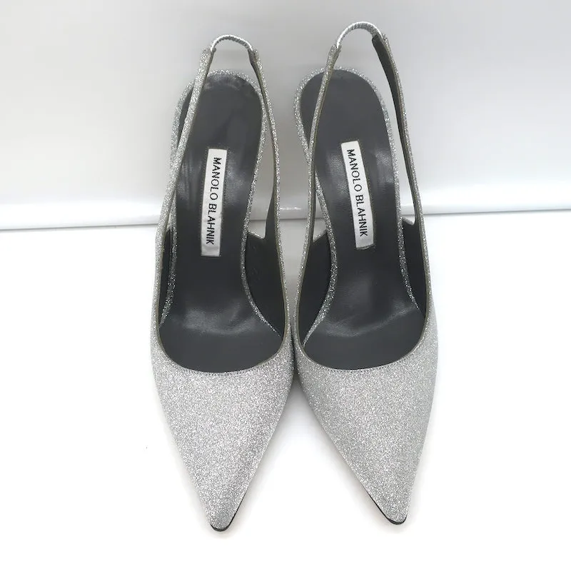 Manolo Blahnik Allura Glitter Slingback Pumps Silver Size 38.5 Pointed Toe Heels