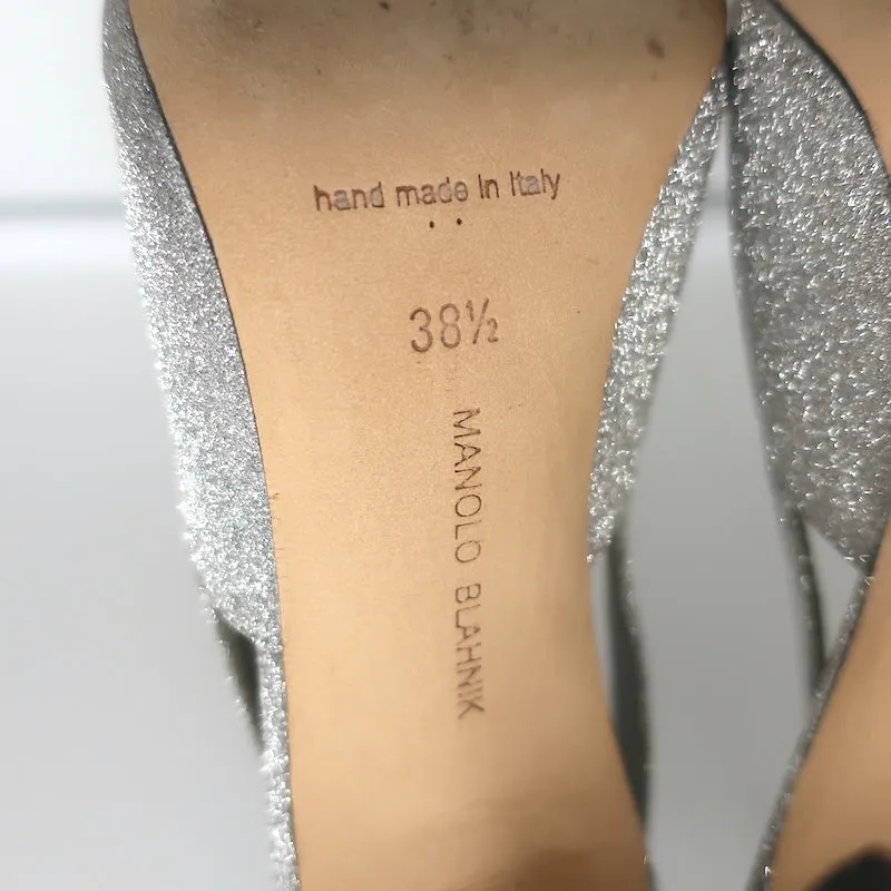 Manolo Blahnik Allura Glitter Slingback Pumps Silver Size 38.5 Pointed Toe Heels